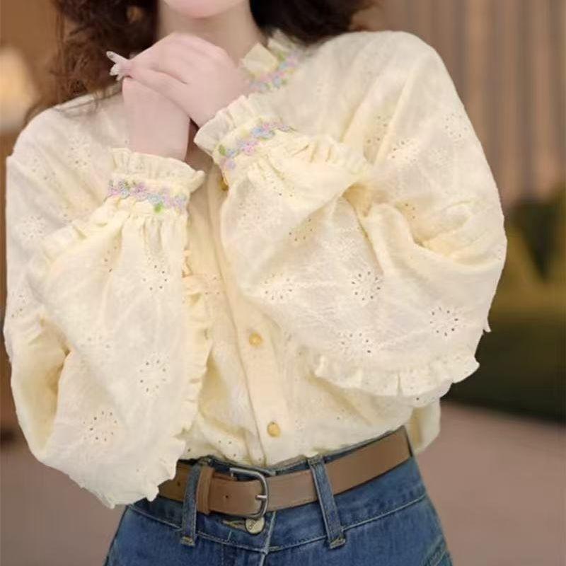 Hollow Out Women's Shirt Flower Embroidery V-neck Solid Color Ruffled Lantern Sleeve Blouse French Style Spring New Version Sweet Woman Top