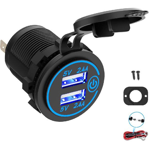 Dual USB Socket 12V Marine Outlet with Switch Golf Cart USB Port 12 Volt DC Car Charger Mount Waterproof Cigarette Lighter Power Adapter DIY Kit Fast