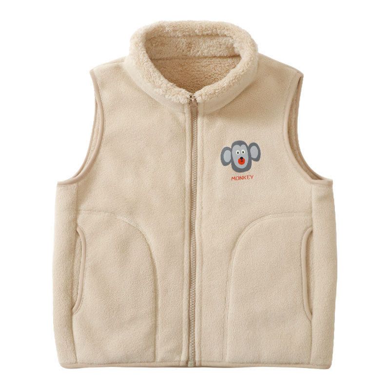 Autumn and Winter Children s Fleece-Lined Thick Vest, Boys and Girls Zipper-Up Warm Vest, School Uniform Essential for Older Children Light Brown Monkey 130