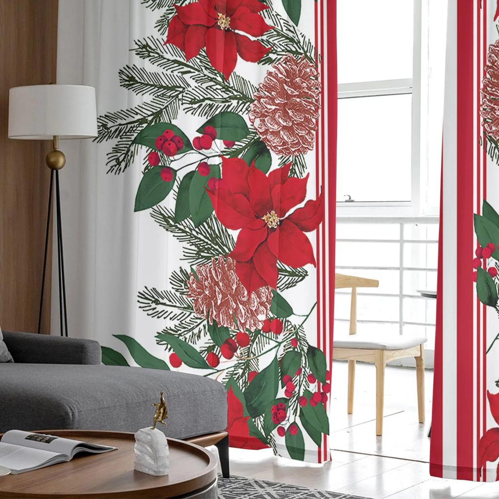 Bożonarodzeniowa Gwiazda Betlejemska Sosnowe Gałązki Przezroczyste Zasłony do Salonu Sypialni Tiulowa Zasłona do Kuchni Zasłona Woalowa Panele Roletowe