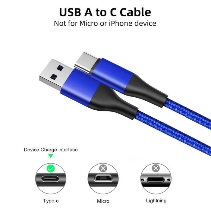 3x Câble USB-C Nylon Charge Rapide pour Xiaomi Redmi 14C 13C, Redmi Note 14, Redmi Note 13 Pro 4G-5G, Note 13 Pro+ - Bleu 1M