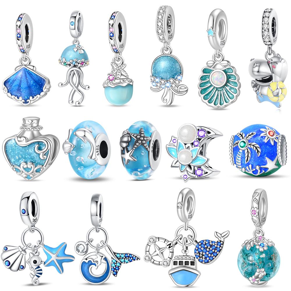 New 925 Sterling copper Summer Blue Ocean Turtle Starfish Dolphin Dangle Charms Fit Original Bracelet Necklace Zircon