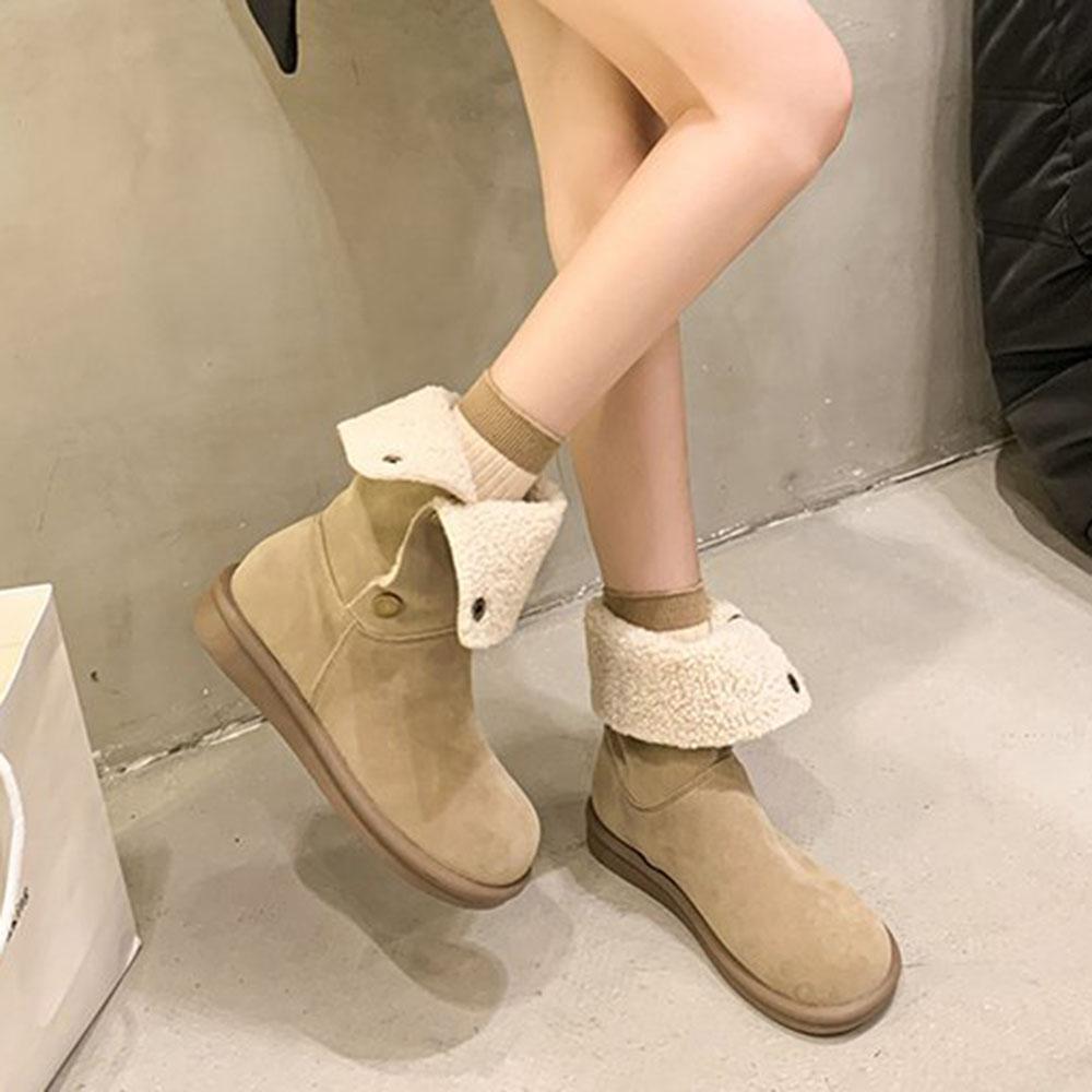Comemore Soft Suede Leather Thick Bottom Retro Short Boots for Women Autumn Winter Casual Flat Button Casual Stacked Botines