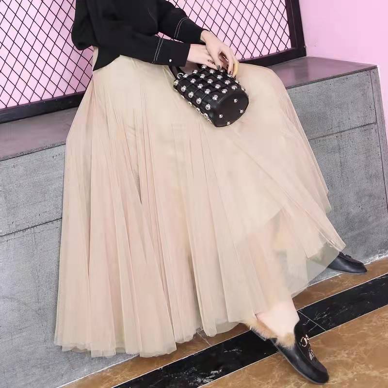 MOJTA Mesh Half Length Skirt Women High Waist Pleated Skirt