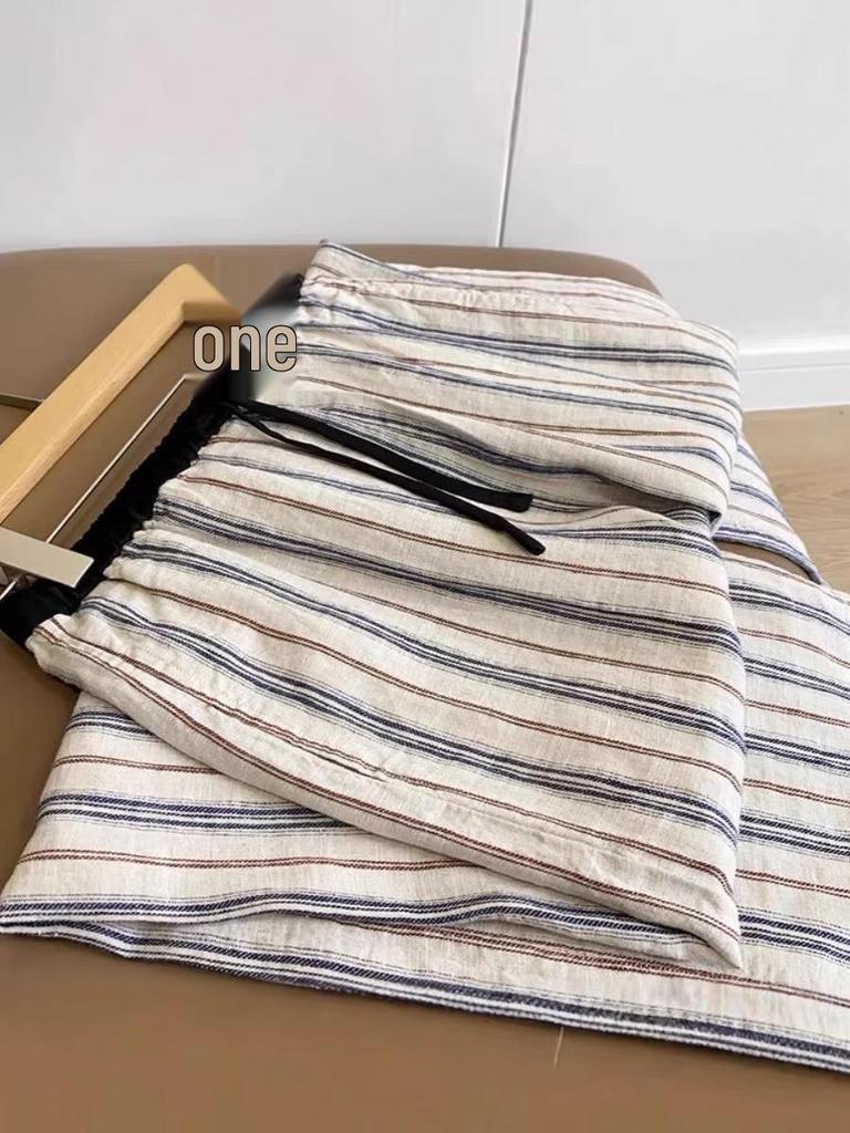 Women's Striped Linen Trousers: Fashionable, Cowhide, Minimalist, Wide-Leg with Drawstring Waist.