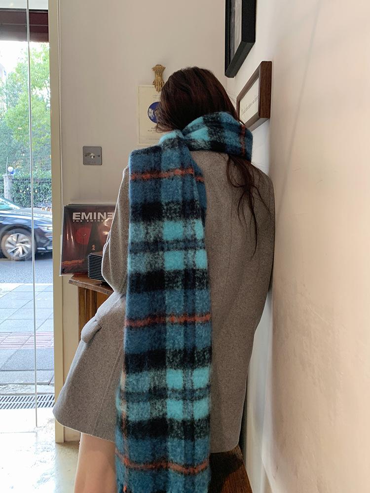 Iceland Blue Grid Scarf New Thickened Women's Winter Warm Atmosphere Student Gift Scarf