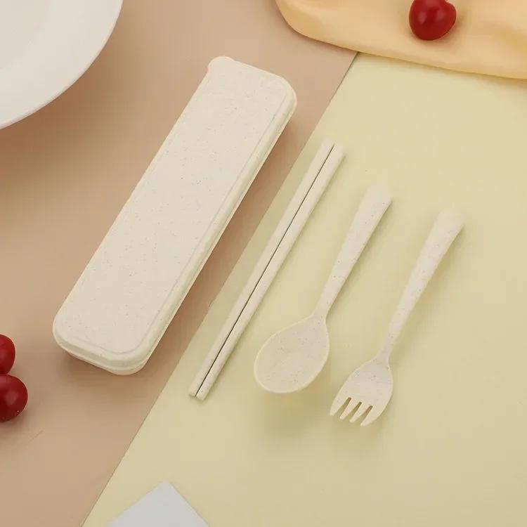 Set de veselă din paie de grâu 3în1, furculiță, lingură, cuțite, picnic, camping, cu carcasă, veselă portabilă, set de tacâmuri