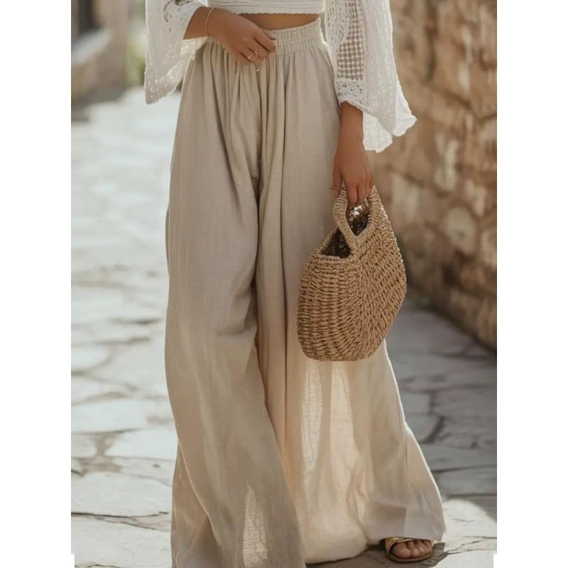 Womens Casual Solid Color Elastic Waist Wide Leg Pants