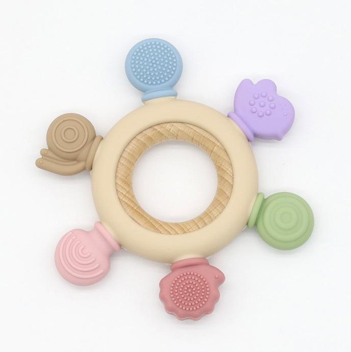 Food Grade Baby Silicone Teether Rudder Shape Wooden Ring Teething Toys BPA Free Infant Chewing Nursing Toy Newborn Gifts