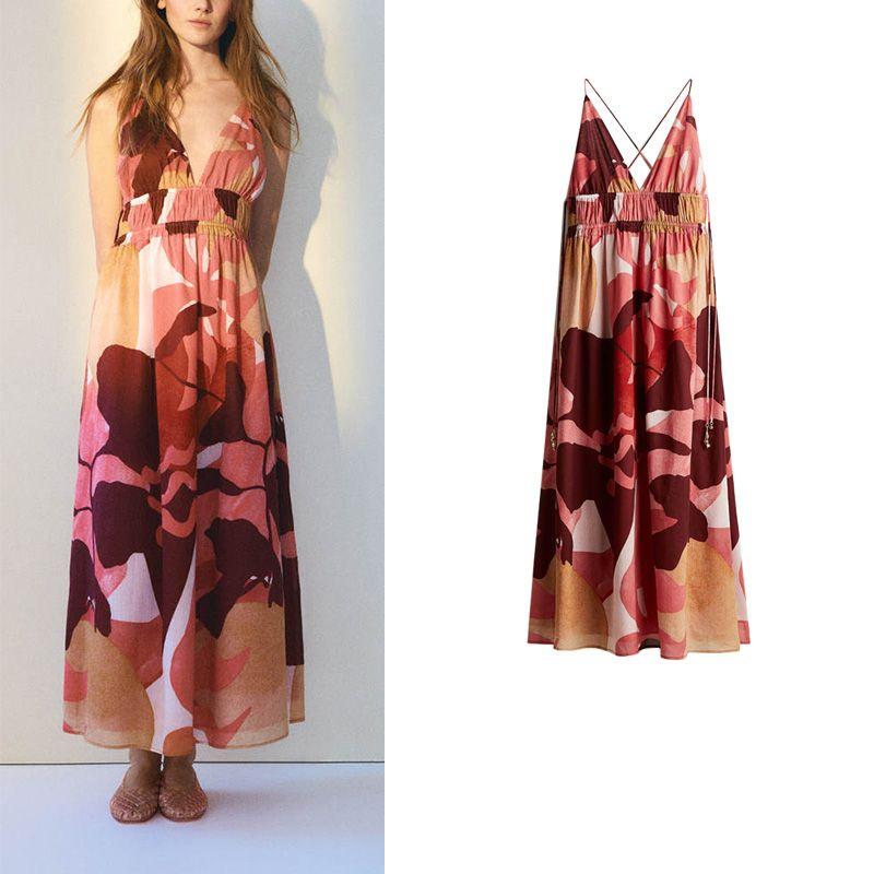 Summer New Product Women's Clothes Cotton V Neck Sleeveless Fluffy Skirt Crepe Woven Long Sling Dress 1289459