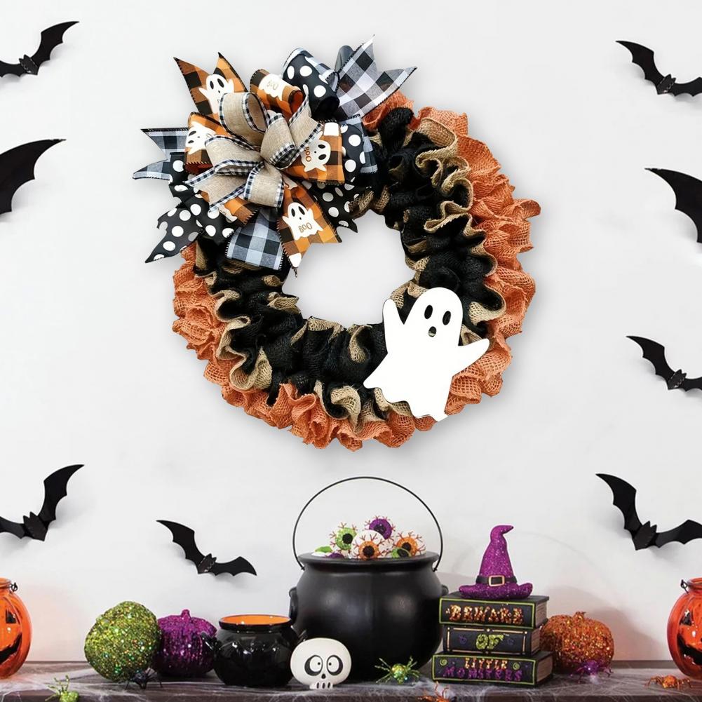 Happy Halloween Decorations Rustic Halloween Ghost Wreath with Plaid Bow for Farmhouse Porch Decor Spooky Front Door Decoration