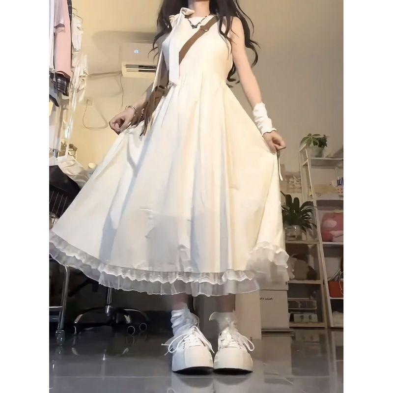 

Artistic Raw Milk Huhu Long Dress for Women 2025 Summer Gentle Halter Style Shoelace Bows Lace Dress Beige White S