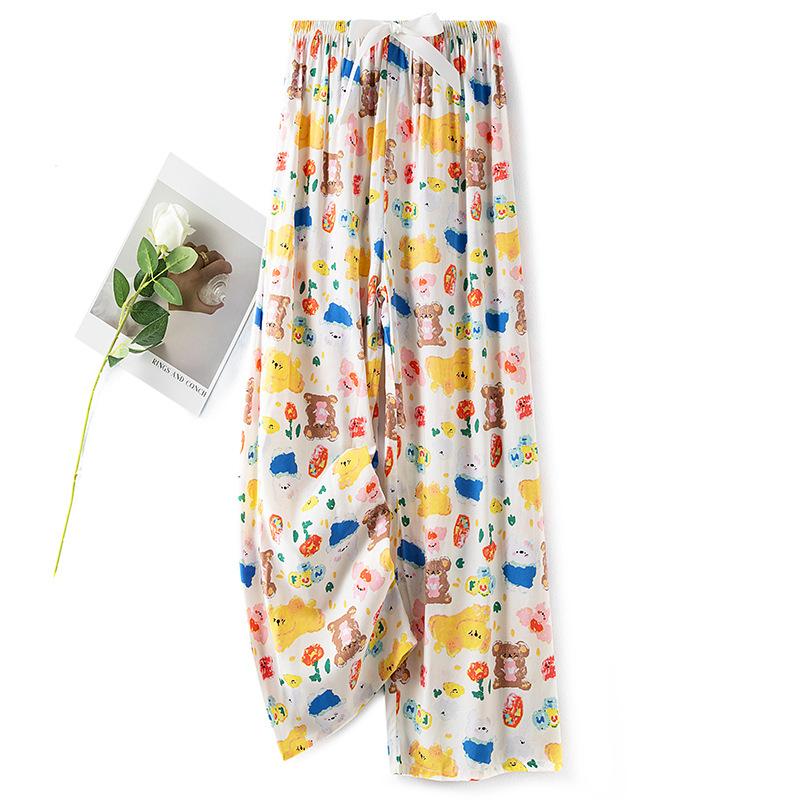 Pantaloni de pijama din bumbac mătase pentru femei, secțiune subțire de vară, anti-țânțari, pantaloni cu picior lat, culoare uni, pentru exterior, casă, petrecere a timpului liber, imprimeu, pantaloni de plajă până la genunchi