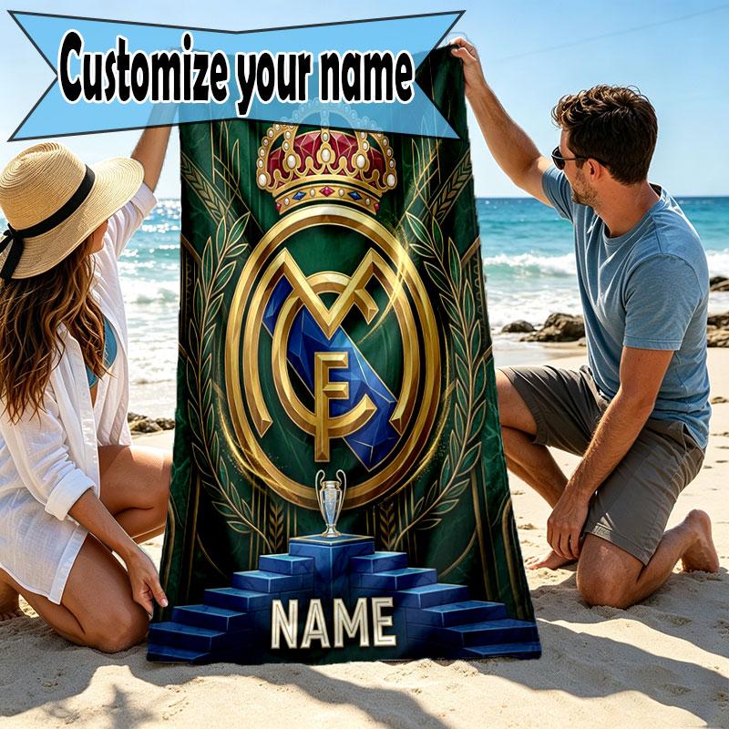Custom Name Personalized Real Madrid CF Print Beach Towel, for Trip Camping Beach Party Home Decor, Birthday Gift for Family & Friends