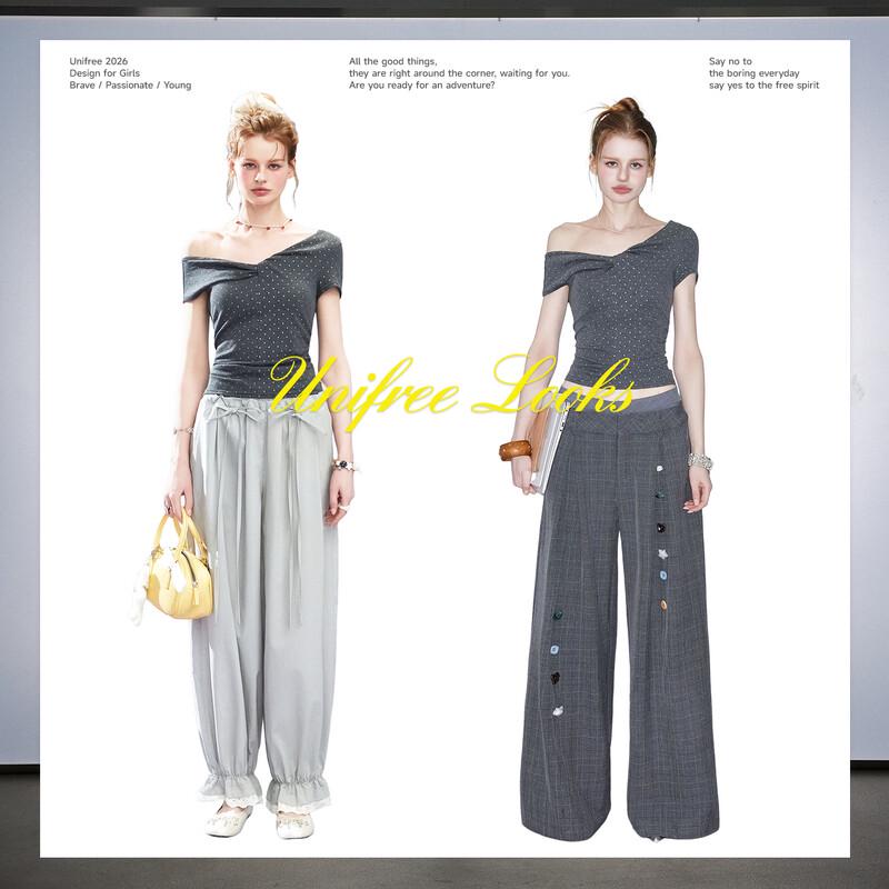 UNIFREE Glitter Polka Dot One-Shoulder Twist-Knot Slim Tee