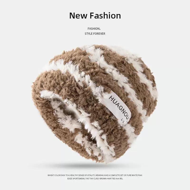 New autumn and winter thickened warm hat wool hat big head circumference pattern outdoor plush hat women
