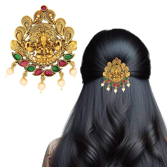 Traditional Temple Design Gold-Plated Hair Barrette Clip with Pearl Dangling Accents