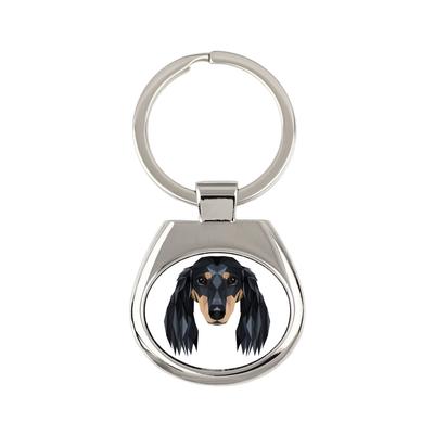 Dackel Langhaar, Wiener Hund, Dachshund - geometrischer Schlüsselanhänger mit Foto und der Inschrift