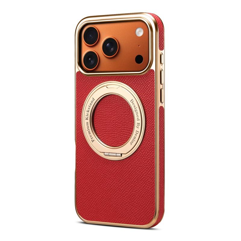 Genuine Leather IPhone 18 Pro Max Case With Magnetic Snap Rotating 17-Gear Stand Electroplated Finish Slim Protective Cover