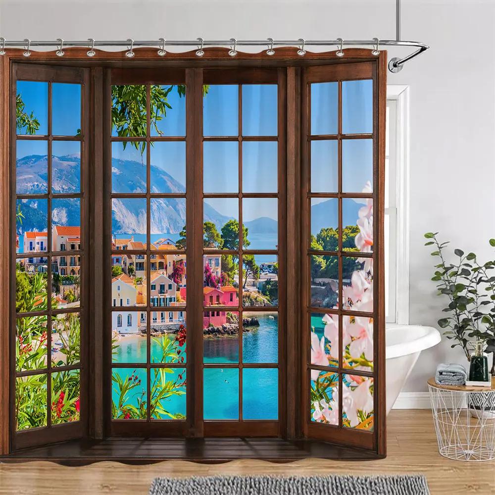 Sonnenschein Grün Wald Braun Fenster Duschvorhänge Bäume Pflanzen Natur Landschaft Polyester Badezimmer Vorhang Set Dekor Mit Haken