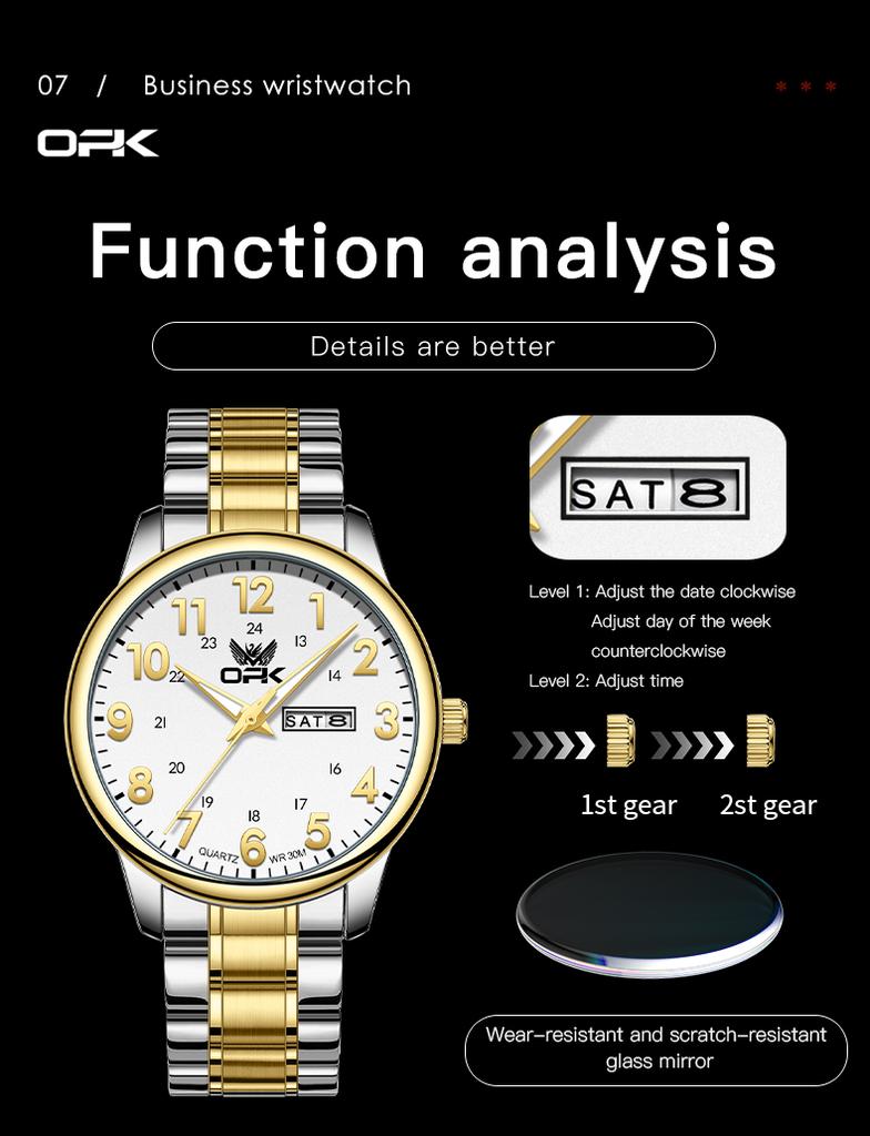 OPK 8176 Man Watch Steel Strap Waterproof Luminous Date Week Classic Digital Dial Simple Business Quartz Wristwatches for Men