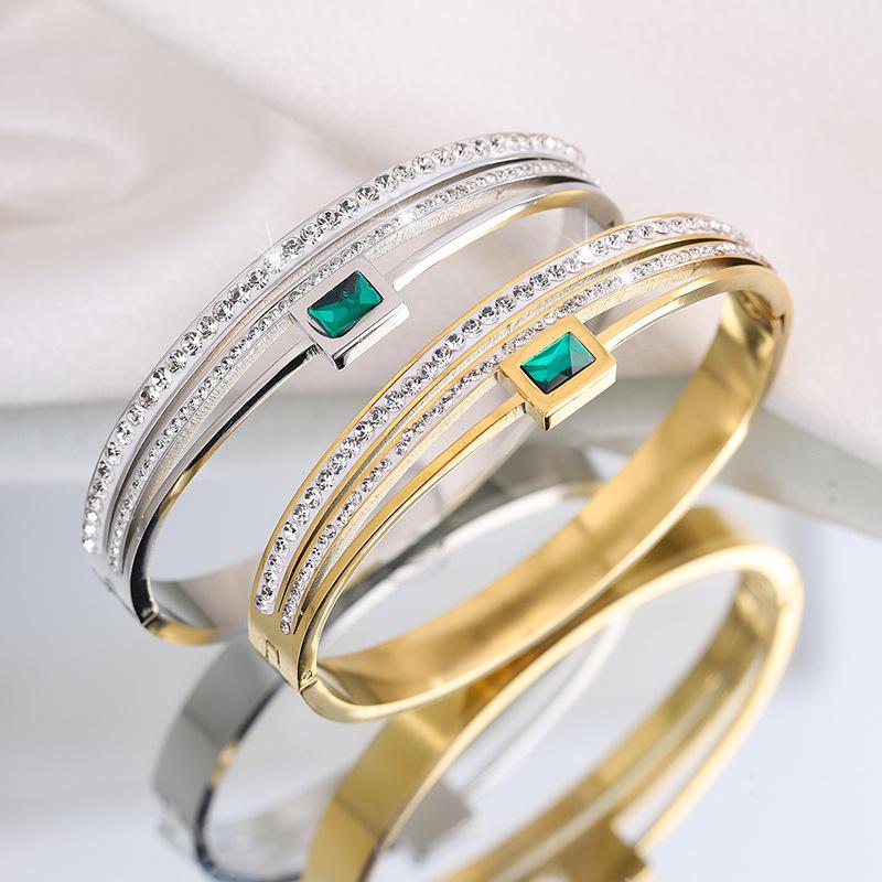 Titanium steel fashion three-layer diamond female emerald couple stainless steel