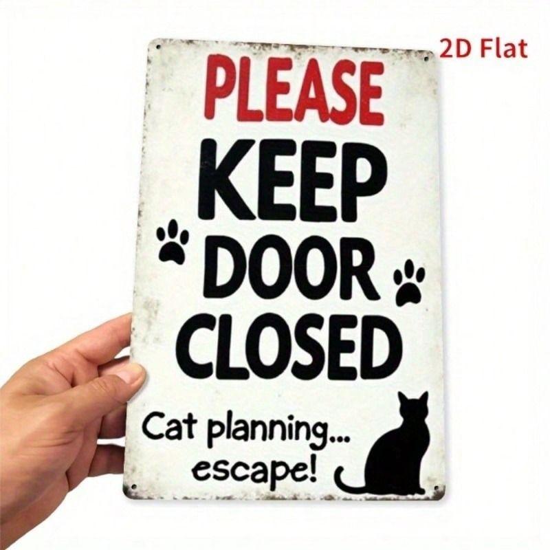 Funny Cat Metal Wall Sign Please Close Door Bathroom Decor