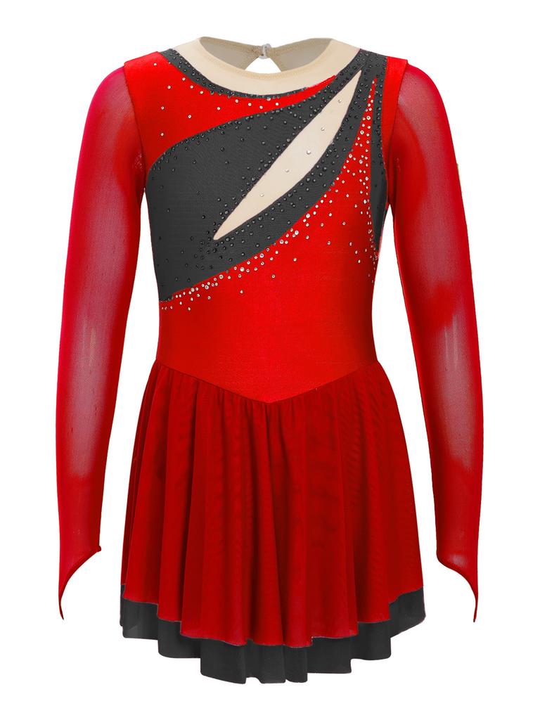 Dětské Dívčí Color Block Dance Dress Třpytivé drahokamy Průsvitná síťovina Dlouhý rukáv Klíčová dírka na zádech Šaty na krasobruslení