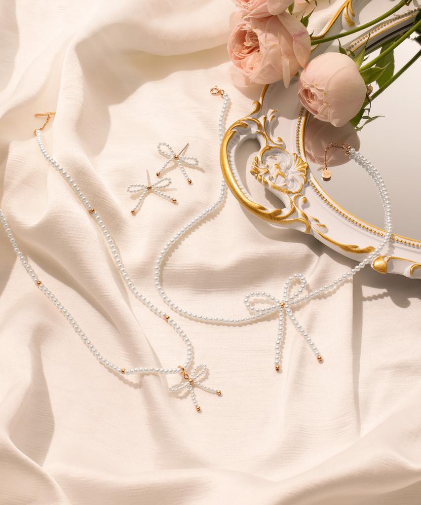 Jestina Mariel Ribbon Pearl Bead Necklace + Pendant Set (Set-J0-0908)