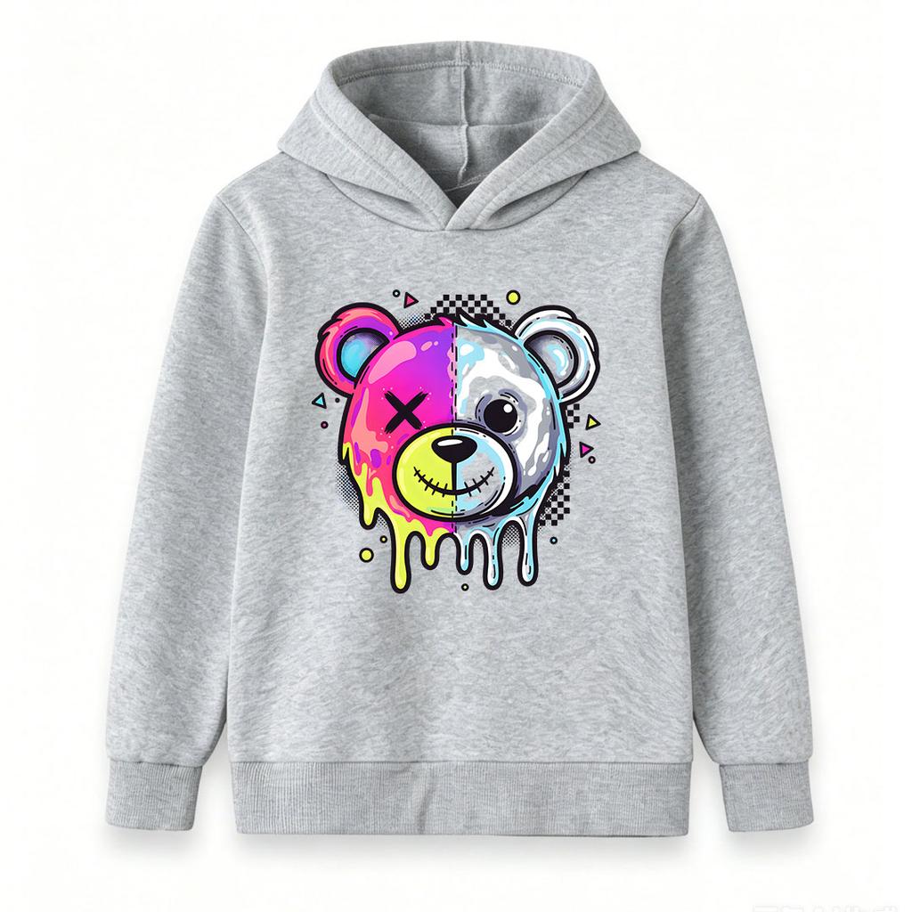 Kids Boys Girls Pullover Hoodie, Neon Dripping Split Bear Print Casual Long Sleeve Hooded Sweatshirt, Fashion Streetwear Top For Children
