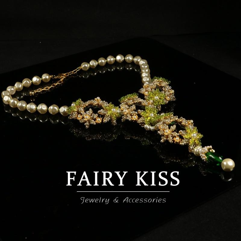 Heavy Industry Necklace Earrings Set Woven Rice Beads Snowflake Emerald Imitation Pearl Pendant Premium Temperament