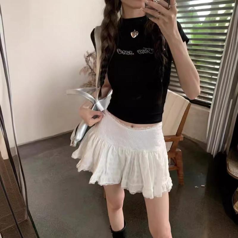 

Balletcore Ruffled Mini Skirt with Lace Trim Low Rise Tiered White Skirt Summer Women TeenGirl Y2K Goth Outfit S белый