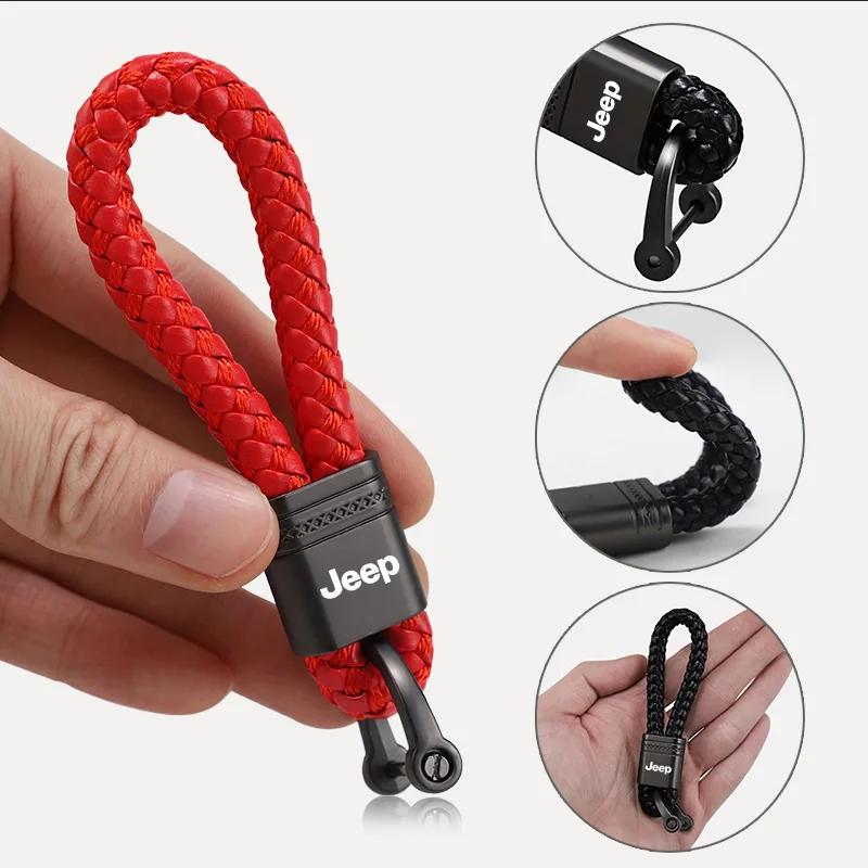 För Jeep Flätat Rep Bil Logotyp Nyckelring Metall Nyckelring Biltillbehör För Jeep Grand Cherokee Wrangler JK Gladiator Compass