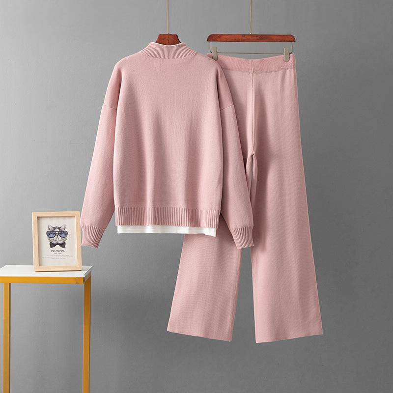 Mode Lässiger Wollanzug Damen Herbst und Winter Neu Lockerer Pullover Gestrickte Weitbeinige Hose Zweiteiliges Set