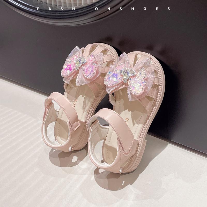 Girls Hollow Toes Capped Shoes Kids Rhinestone Beach Shoes Lace Mesh Summer Fashion Children Princess Sandals with Bow-knot