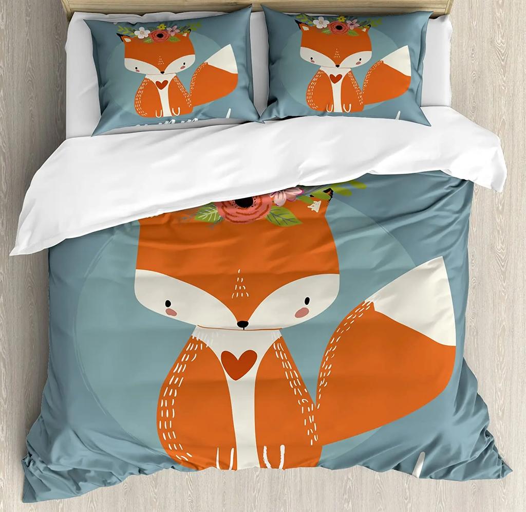 Cartoon Fox King Queen Duvet Cover Lovely Orange Animal Floral Bedding Set Kids Girls Flowers Plant 2/3pcs Polyester Quilt Cover