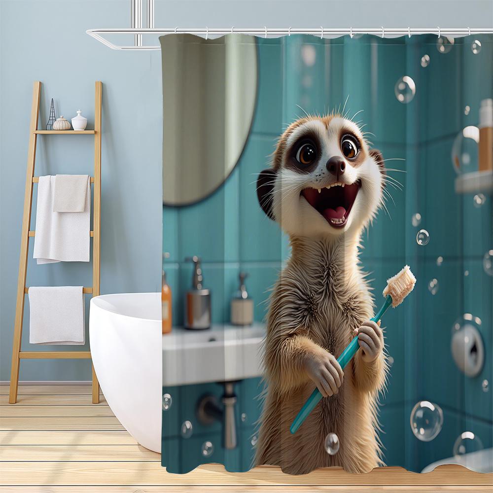 1 Meerkat - Patterned Printed Shower Curtain, Cute - Style Home - Decor Bathroom Curtain, Including 12 Hooks, Suitable for Windo