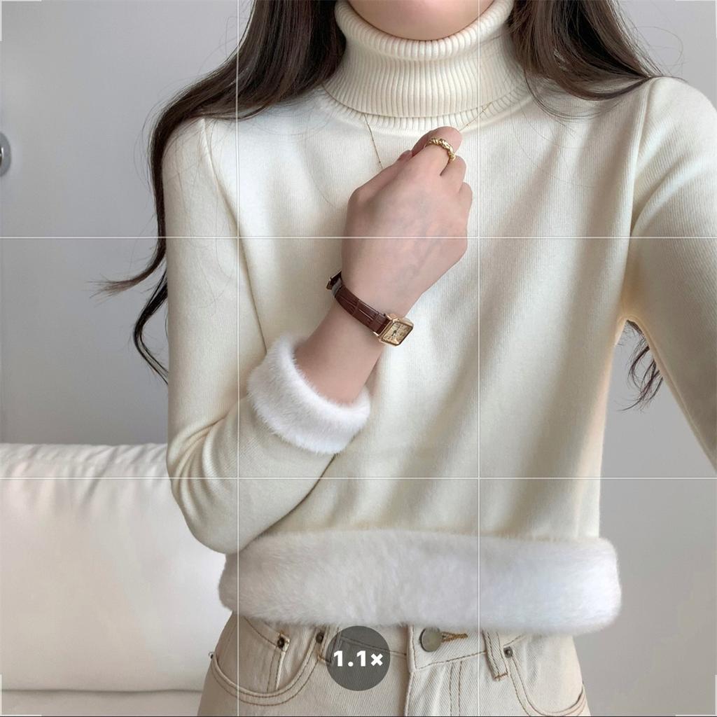 Solid color turtleneck integrated fleece thickened inner top women's winter simple basic knitted bottoming shirt soft waxy sweater