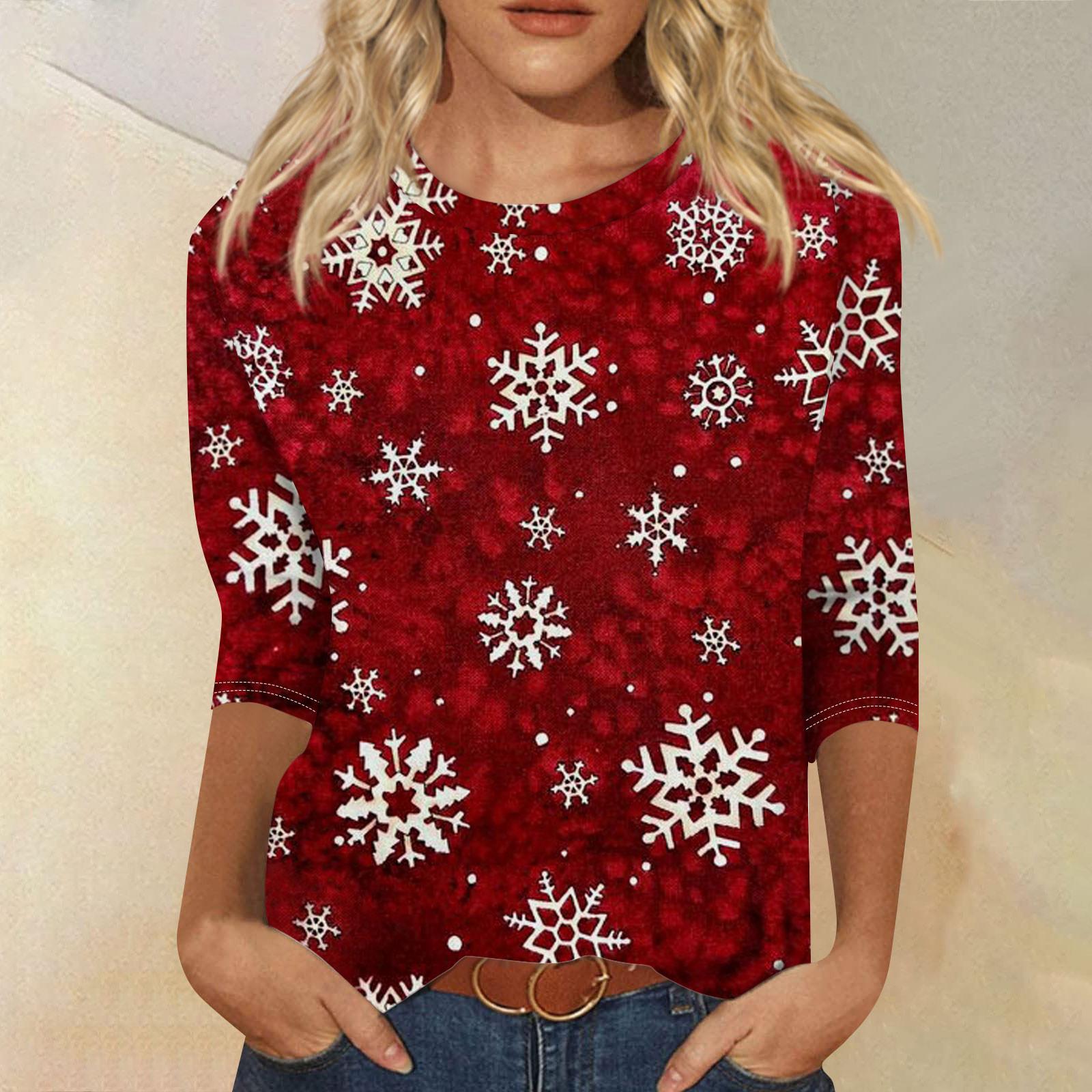 

Женская мода повседневная рубашка с круглым вырезом и рождественским принтом, семь рукавов XXL