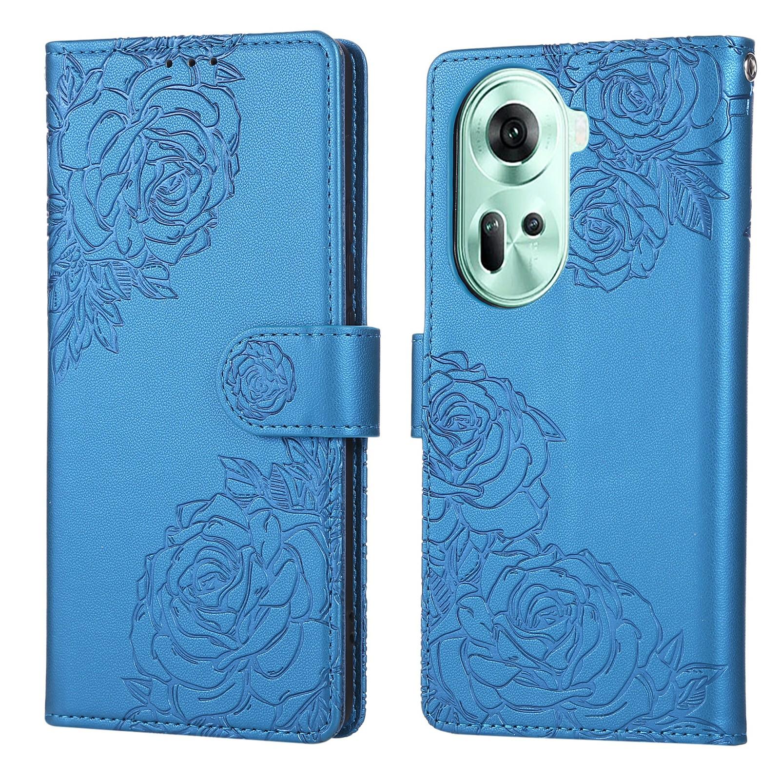 

Для Oppo Reno11 5G (Глобальний) Чохол Гаманець з ПУ Шкіри з Квіткою Троянди для Телефону з 3 Відділеннями для Карток Blue
