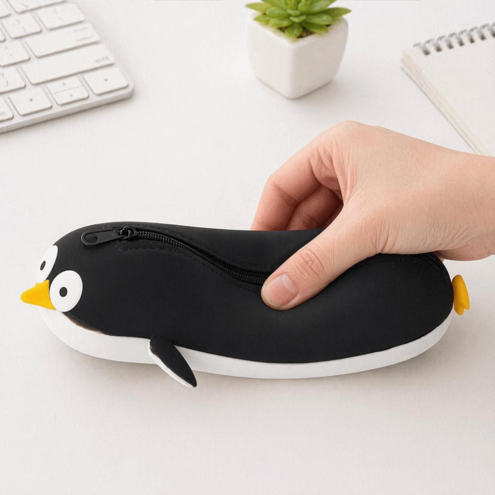 Cute Penguin Lipstick Storage Pounch Large Capacity Pen Box Silicone Pencil Bag  Stationery Storage