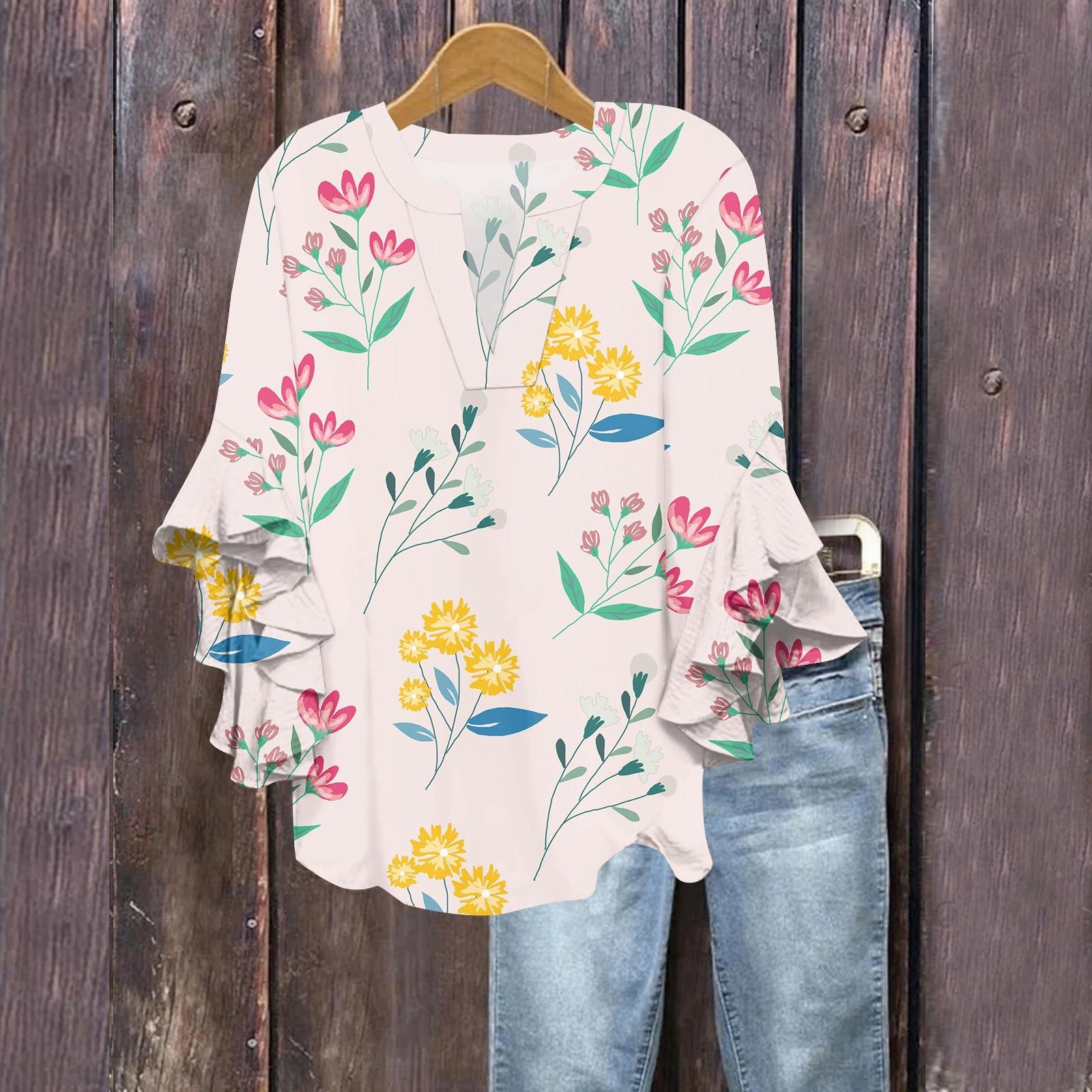 

Летние топы для женщин, симпатичные блузки с V-образным вырезом и рукавом 3/4, повседневные рубашки с цветочным принтом S бежевый