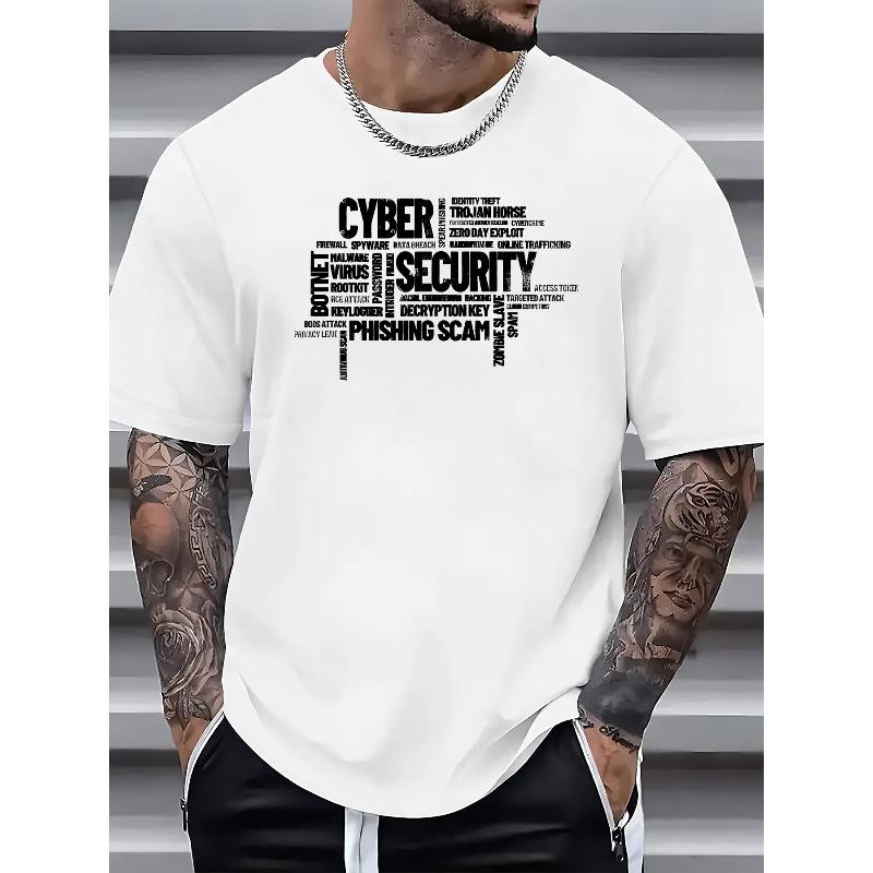 

European Size Men s Cybersecurity Graphic Print T-Shirt - Summer Casual Short Sleeve Round Neck Tee with IT Security Terms Design, Machine Washable S белый