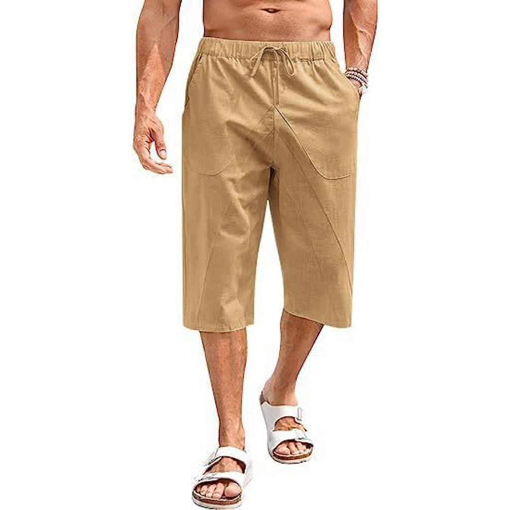 Pánské bavlněné a lněné kalhoty, letní kalhoty, plážové kalhoty, elastický pas se stahovací šňůrkou