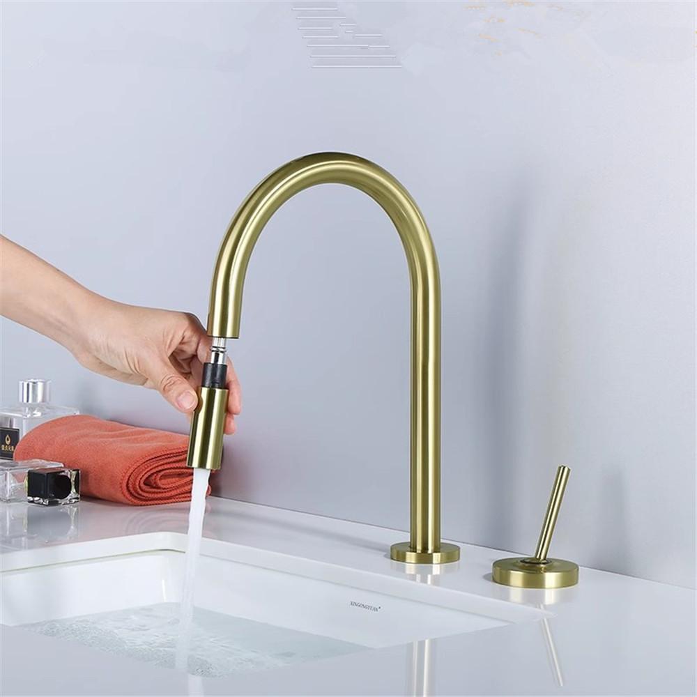 Brushed Gold Pull Out Basin faucet Black Bathroom Widespread  bathroom faucet sink tap 360 rotating widespread 2 Hole basin Tap