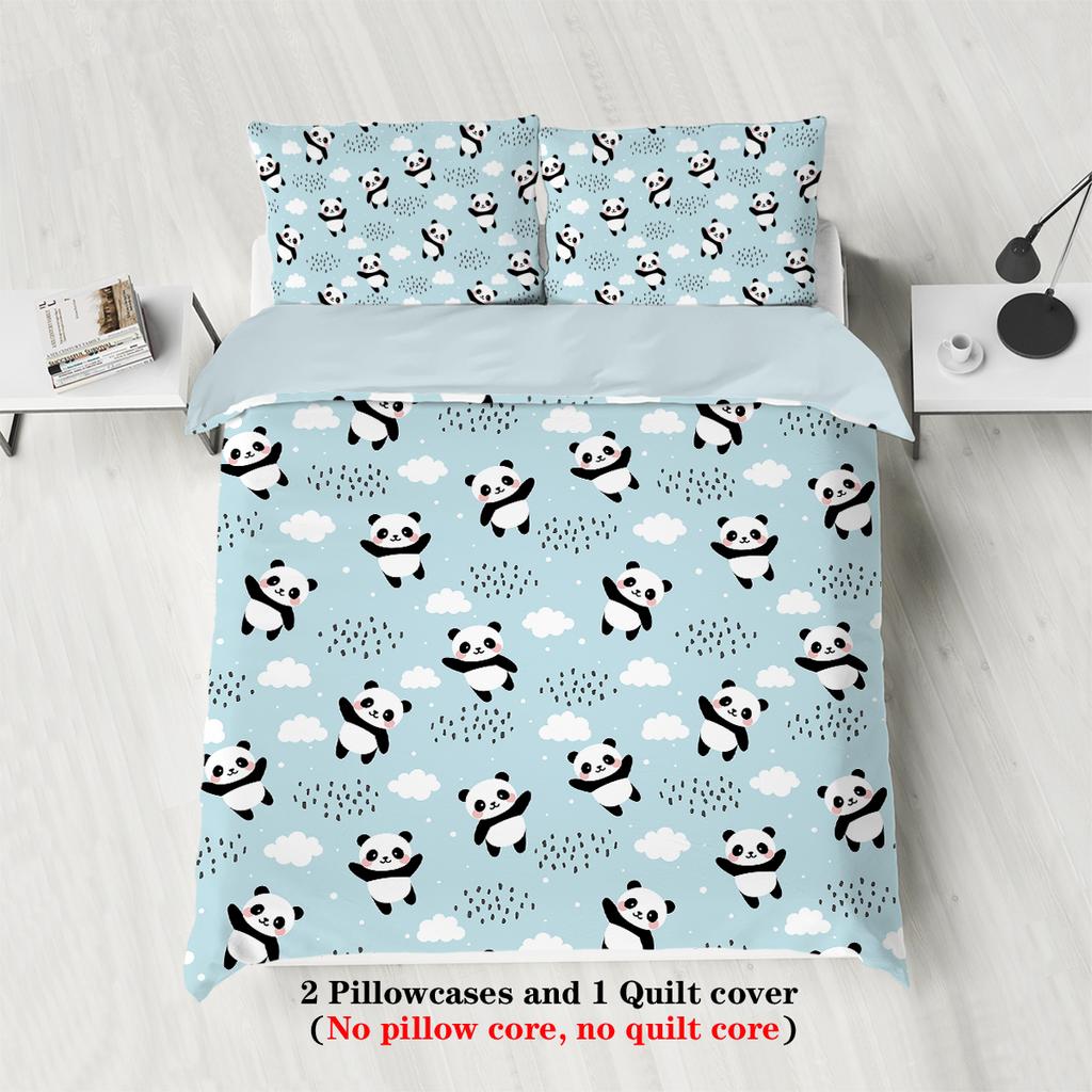 3-teiliges Bettbezug-Set (1 Bettbezug + 2 Kissenbezüge, ohne Füllung), süßes Panda Digitaldruck Bettwäsche-Set, weich, warm, hautfreundlich