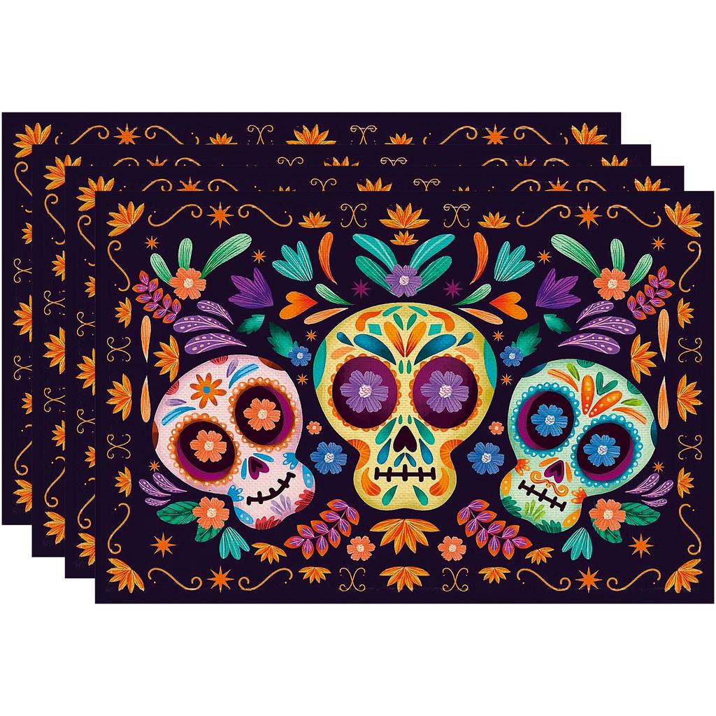 4PC Table Mat Mexican Style Colorful Skull Placemats Day Of The Dead Decoration And Supplies For Home Halloween Decor