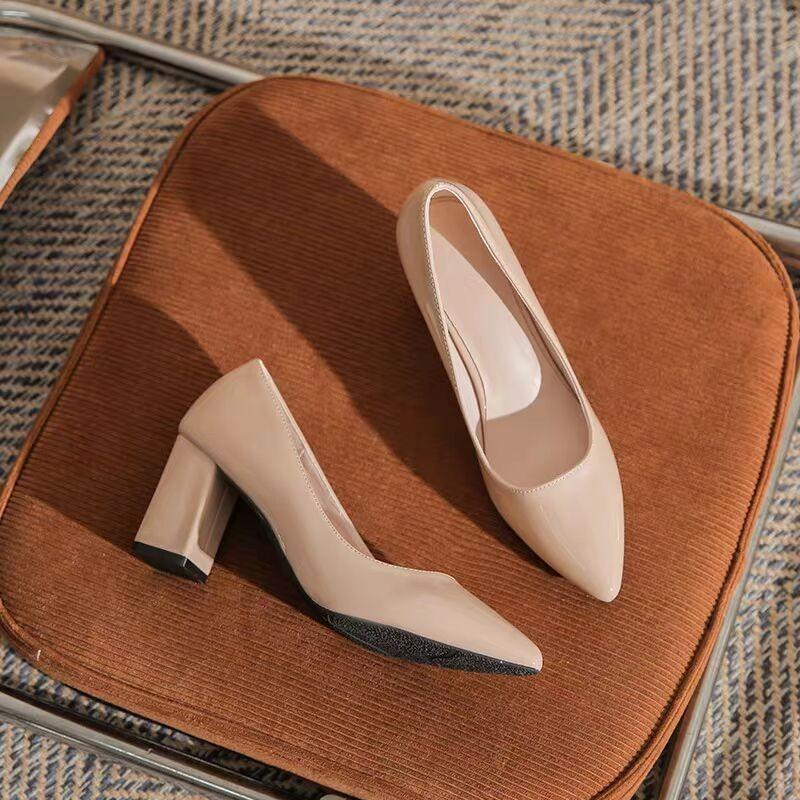 Fashion Patent Leather Block Heel Single Shoes Autumn New Pointed Toe Shallow Mouth Slip Foot Anti-Slip Wear-Resistant High Heels