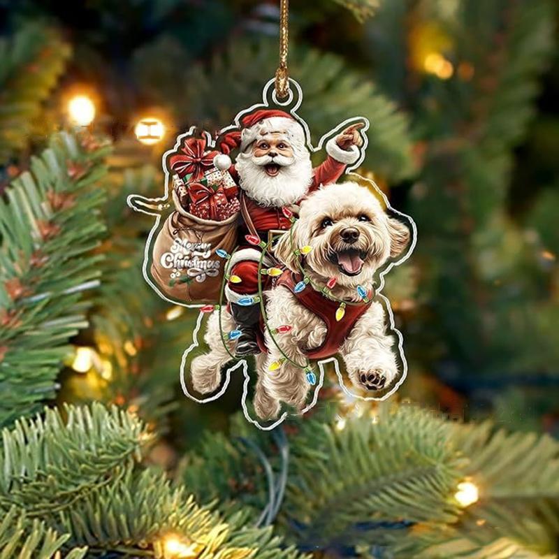 2026 Santa Claus And His Funny Dog Ornament 2D Flat Acrylic Pendant Christmas Decoration For Home Xmas Tree  Year Kerst
