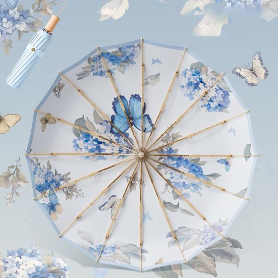 Paraply i kinesisk stil, sammenleggbar, solblokkerende, UV-beskyttelse, tredelt paraply, vanntett, vindtett, 16 spiler, bærbar, menn, kvinner, sol- og regnparaply